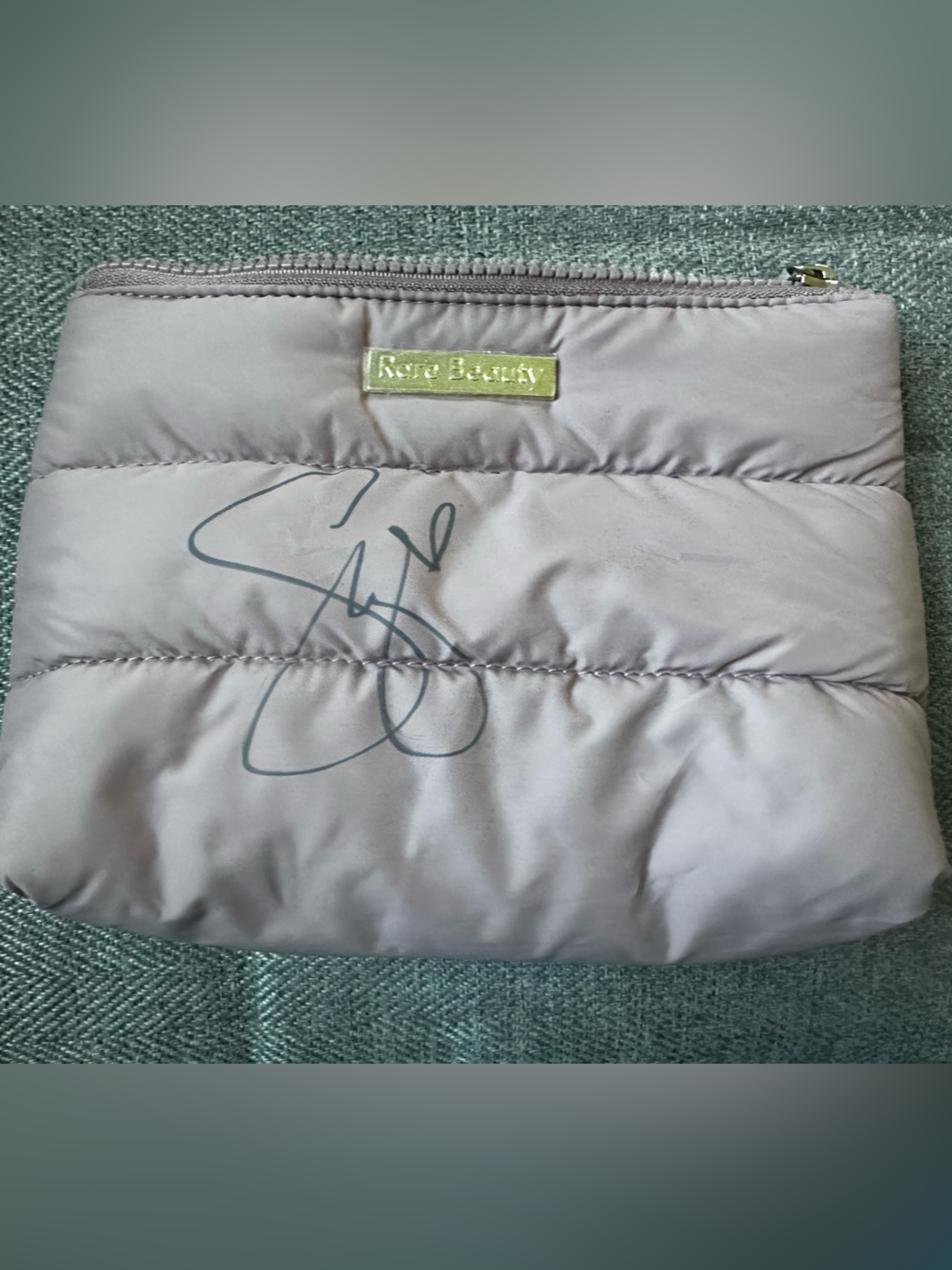 Rare Beauty Quilted Cosmetic Pouch  Light Taupe